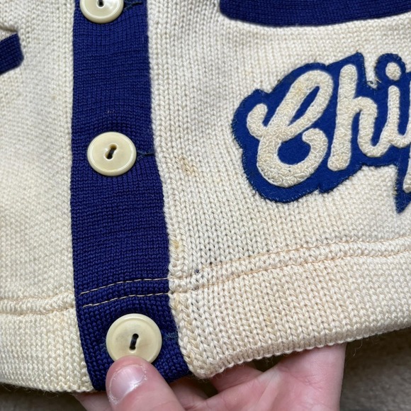 Vintage Falcons Letterman Sweater Mens Medium Cardigan Blue Chenille Patches 60s - Picture 13 of 16